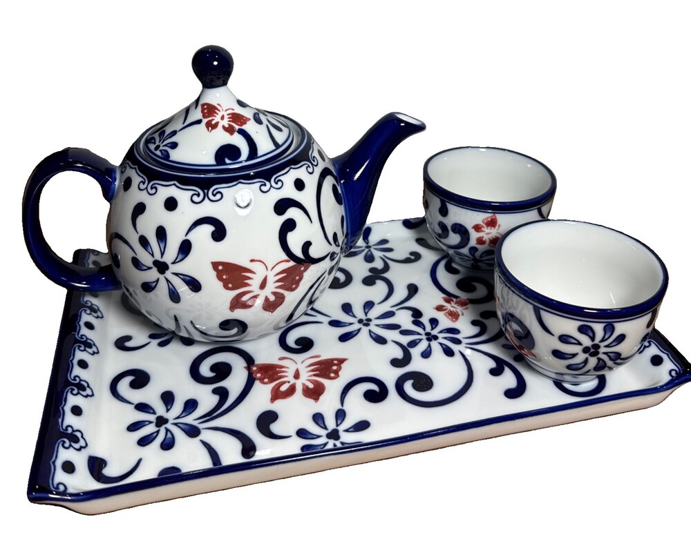 PIER 1 4 Pc HANDPAINTED PORCELAIN TEA Set Sandwich Tray Butterfly Blossom
